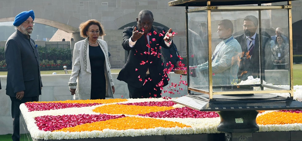 President Ramaphosa offering floral tributes at Raj Ghat, the Samadhi of Mahatma Gandhi-