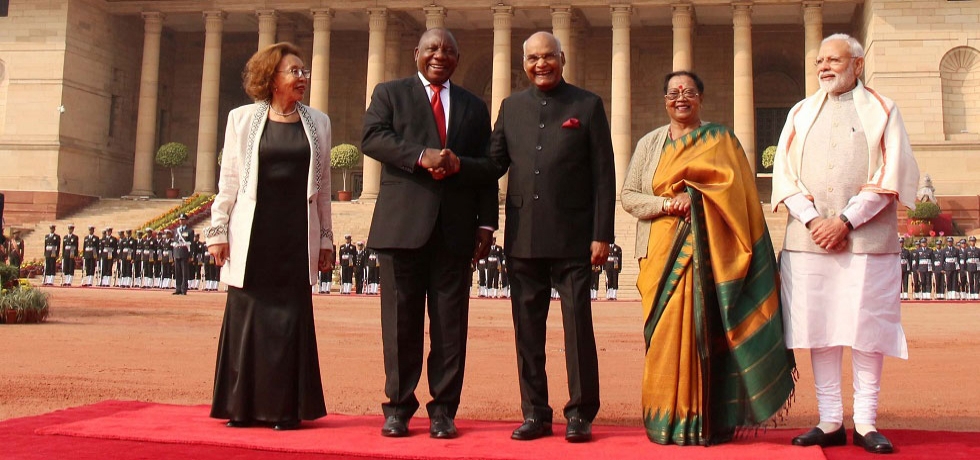 President Ramaphosa being received by President Kovind and Prime Minister Modi at Rashtrapati Bhawan for Ceremonial Reception